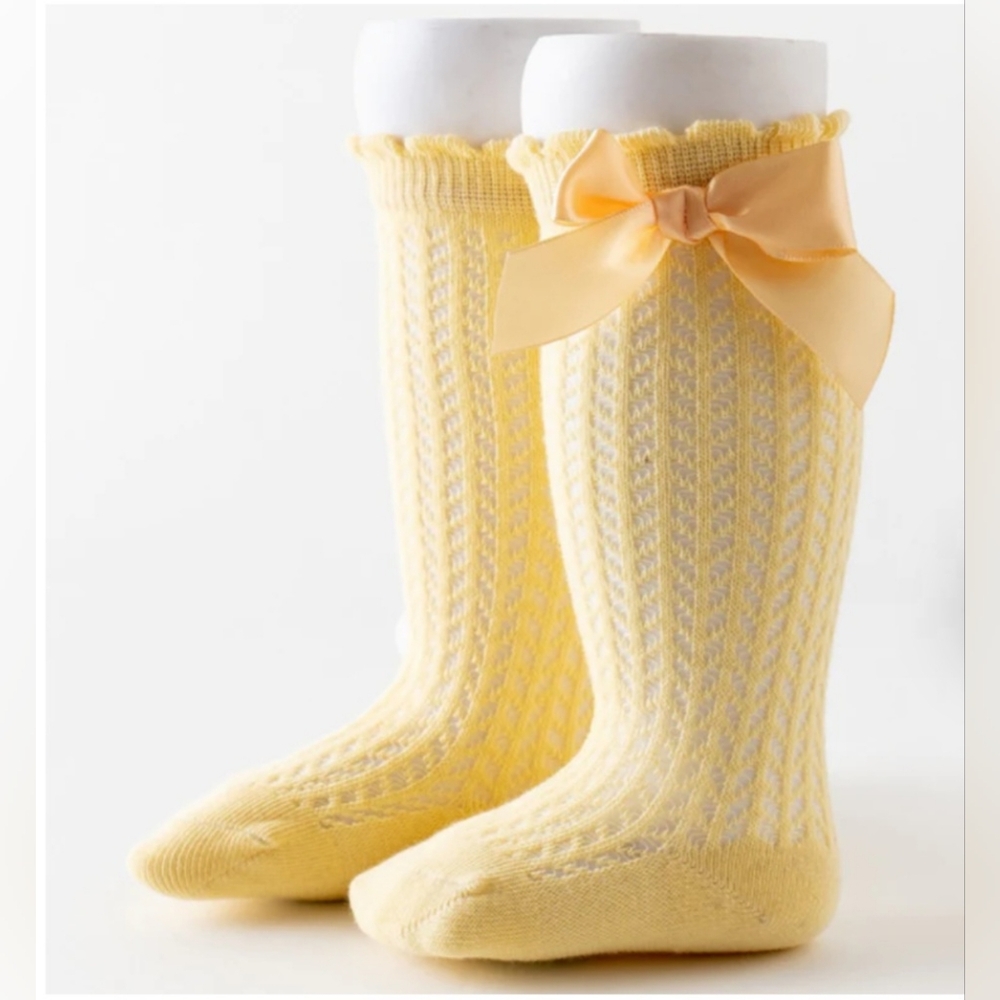 Baby Girl Toddler Knee High Crochet Knit Satin Bowknot Yellow Socks 12-24M